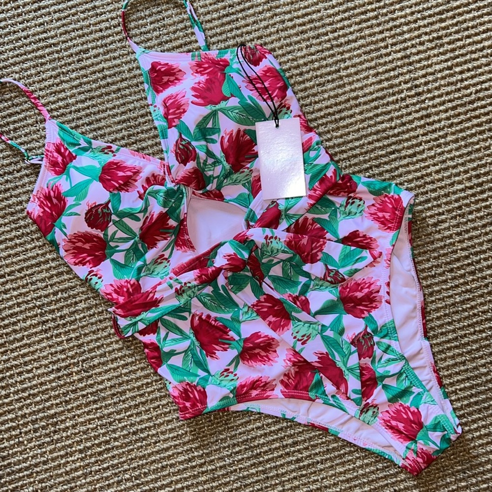 Juicy Couture Swimsuit 1Pc. Pink w/ Red & Green Floral Sz L
